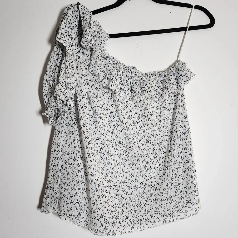 Ulla Johnson Alene One Shoulder Cotton Top Porcelain Floral Vine Puff Sleeve Bow